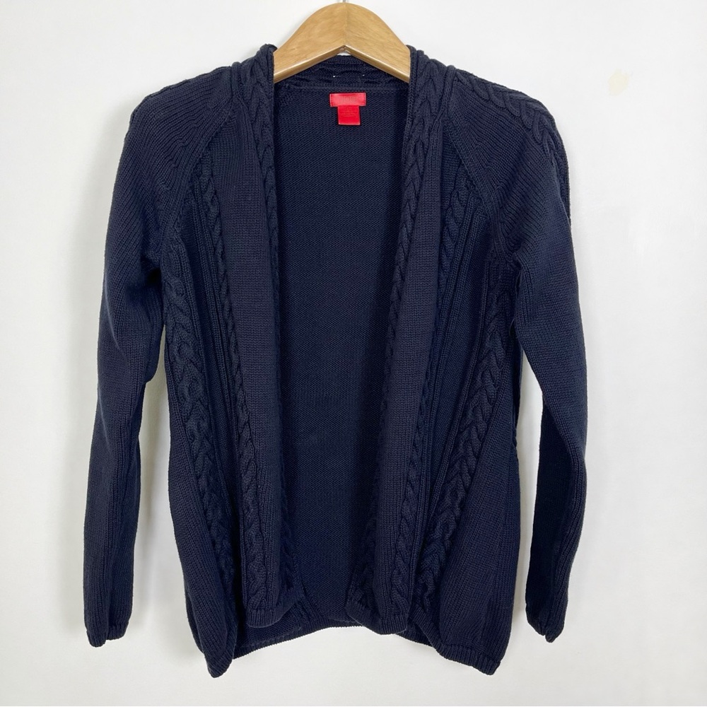 Women’s Navy‎ Blue Cotton Cable Knit Open Cardigan Size Large Shawl Collar